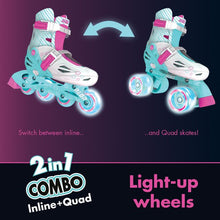 Load image into Gallery viewer, Neon Combo Skates 2-in-1 Teal/Pink Adjustable Inline and Quad Skates for Girls with Light-up Wheels Outdoor Blades Roller Skates (Size 12-2)