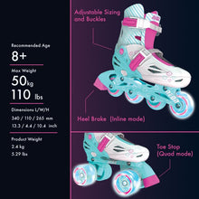 Load image into Gallery viewer, Neon Combo Skates 2-in-1 Teal/Pink Adjustable Inline and Quad Skates for Girls with Light-up Wheels Outdoor Blades Roller Skates (Size 12-2)